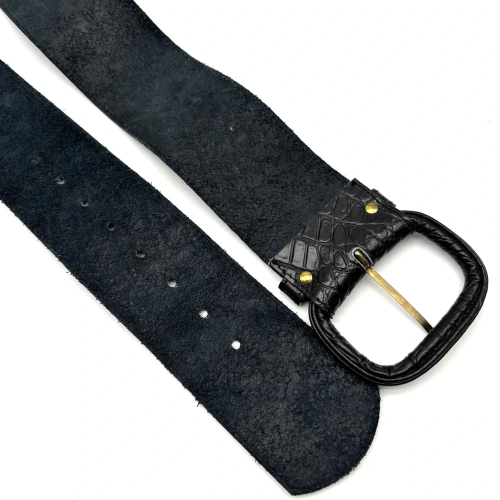 Vintage 80s 9732 Black Croc Embossed Genuine Leather Wide Waist Belt 30-35